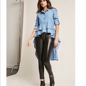 Ruffled high-low chambray tunic shirt